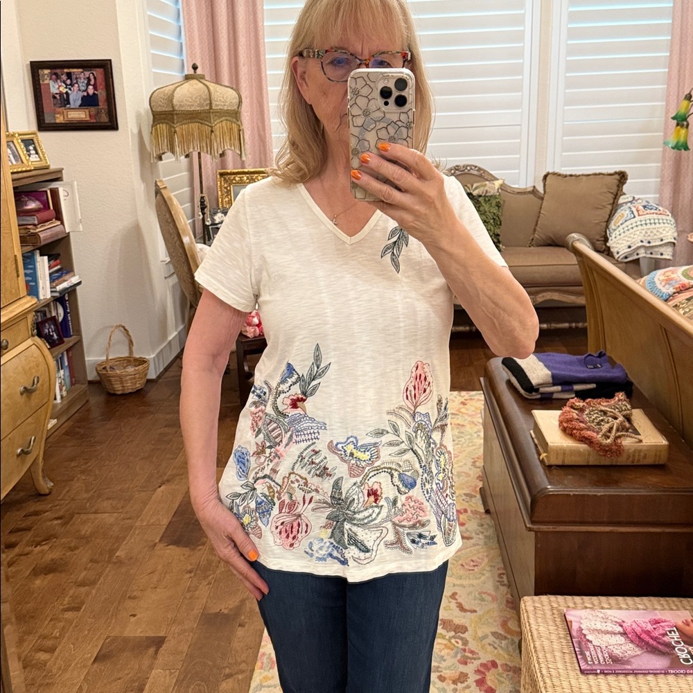 Soft Surroundings White Floral Embroidered and embellished Tee
